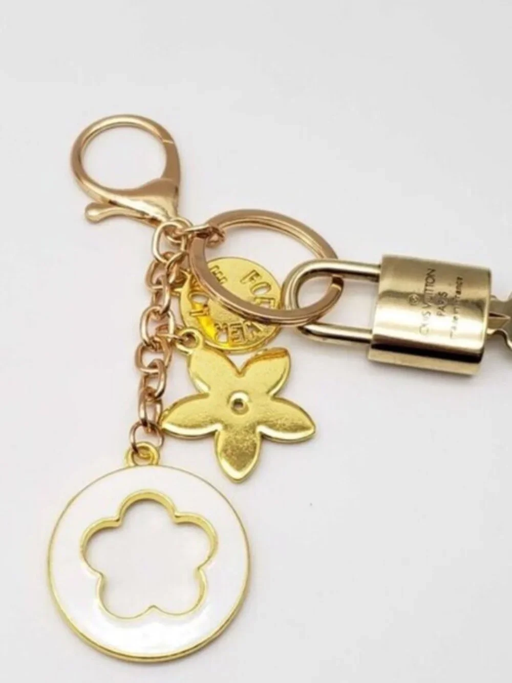 LV Gold Padlock Authentic 🔑 Luxury Bag Charm w/ Unbranded Flower Keychain